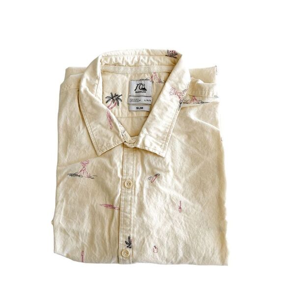 Quiksilver Mens Summer Shirt Button Down Collared Slim Yellow Large - Picture 7 of 7